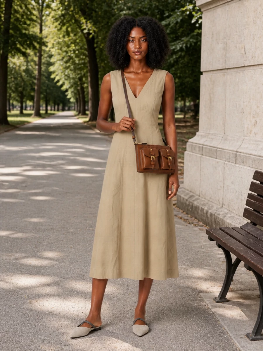 I am building around the dress path here, because a single, clean column of sand beige best supports the bag’s utility shape and keeps the mood quietly refined rather than busy. The Bottega dress and Brunello mules share a soft, sculpted minimalism, while the Mulberry bag introduces just enough structure and hardware to give purpose without shouting. Warm tans and sands flow together for a coherent, spring-summer city outfit that feels polished but relaxed.