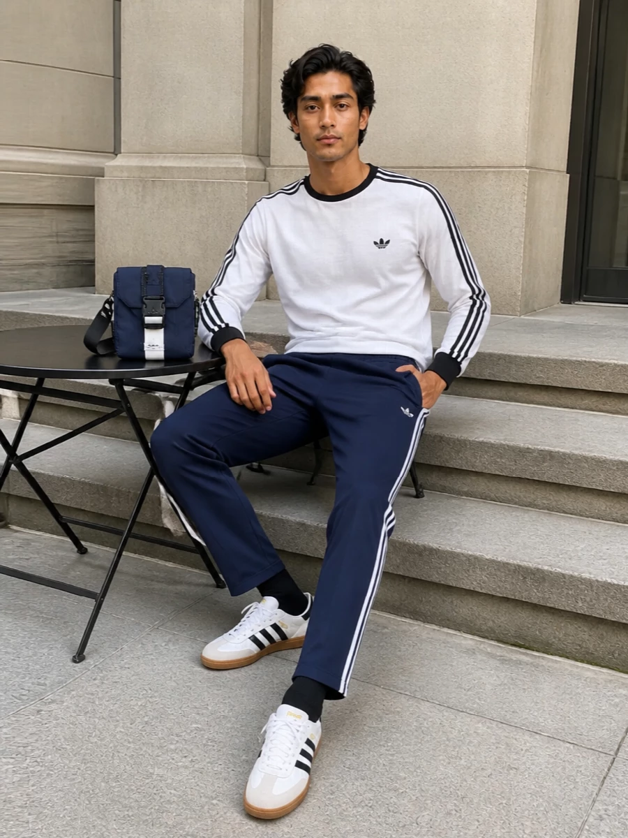 Adidas navy track pants white long sleeve sneakers