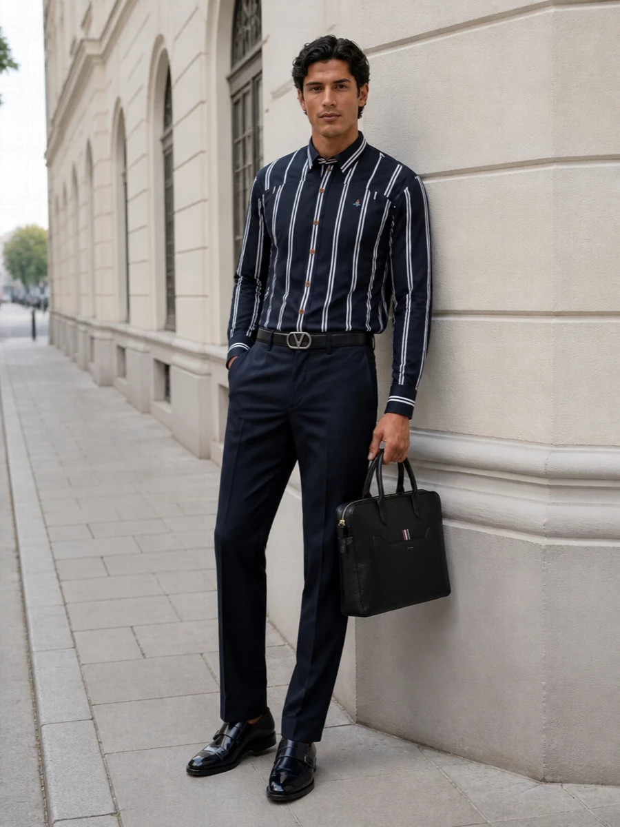 Vivienne westwood striped shirt navy trousers outfit