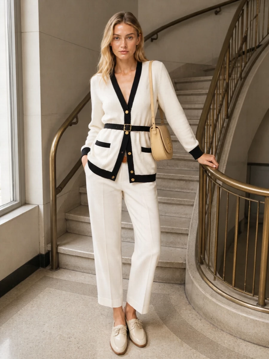 A softly structured ivory cardigan is cinched over cropped tailored trousers in the same pale spectrum for a calm, considered take on polish. Cream loafers keep it firmly in daytime territory, while a butter-beige shoulder bag and a slim tan belt echo the gold hardware and pull the neutrals together with quiet intent.