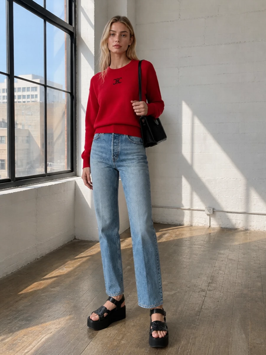 Celine red sweater straight jeans black bag