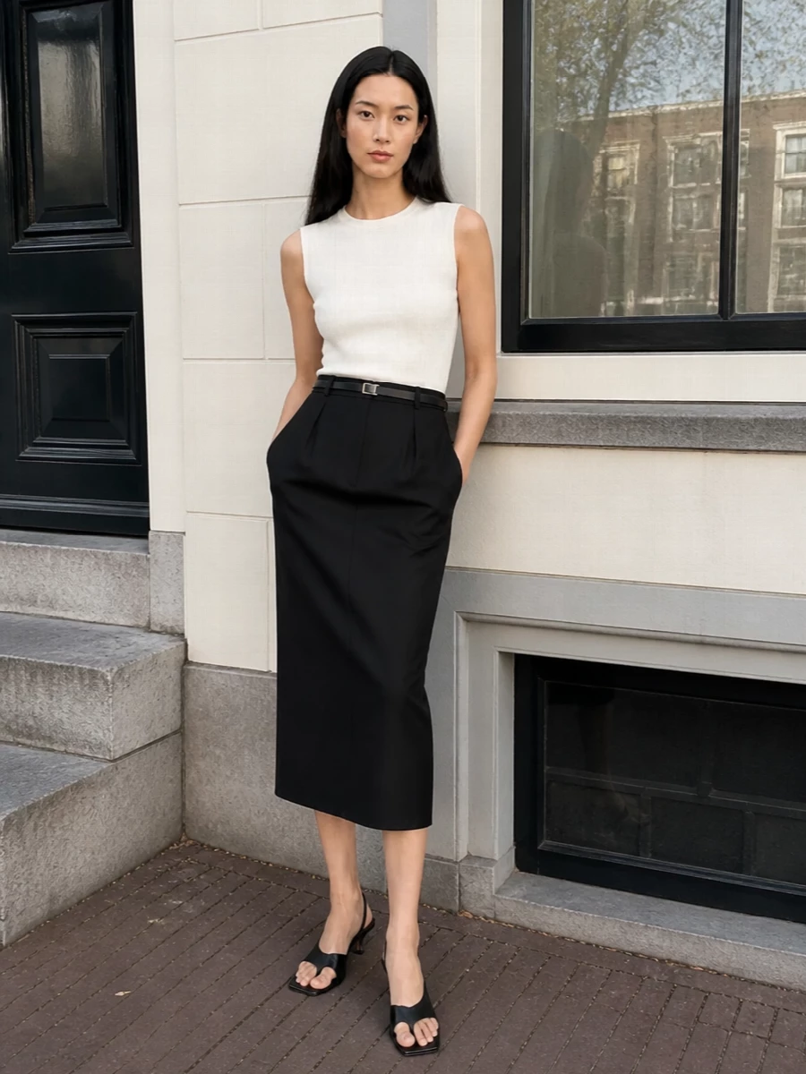 Toteme black midi skirt ivory shell outfit