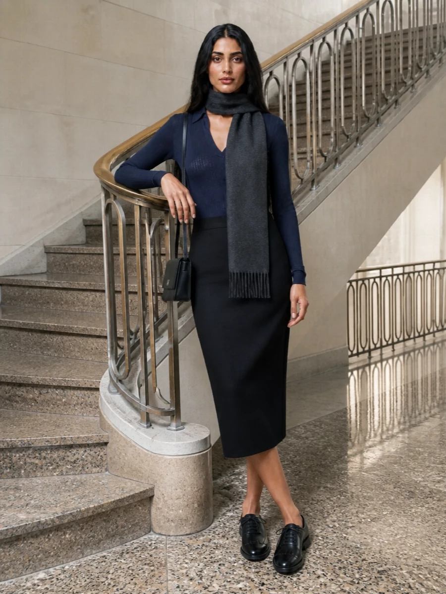 Max mara navy polo black pencil skirt outfit