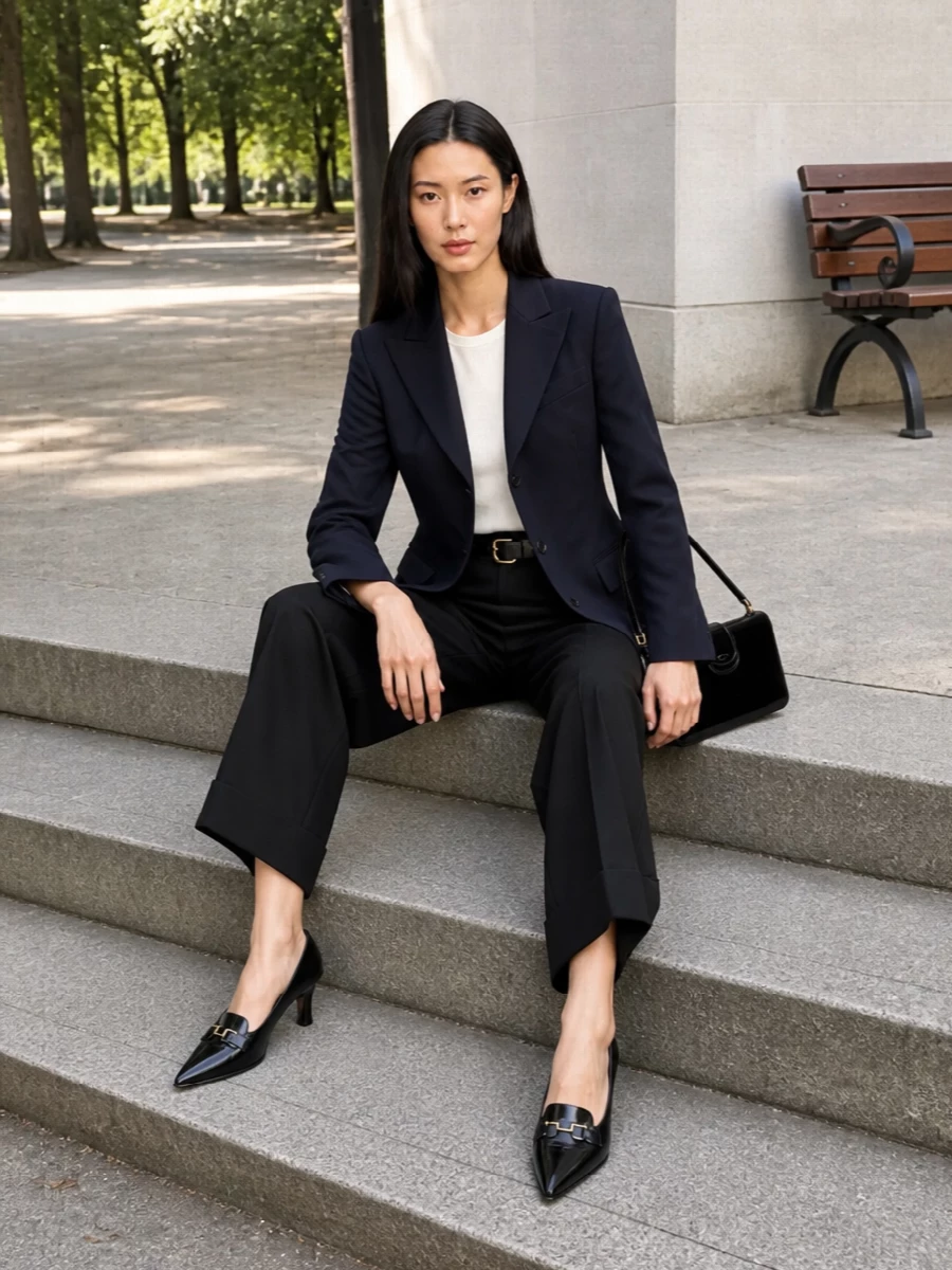 Celine navy blazer black wide leg trousers outfit