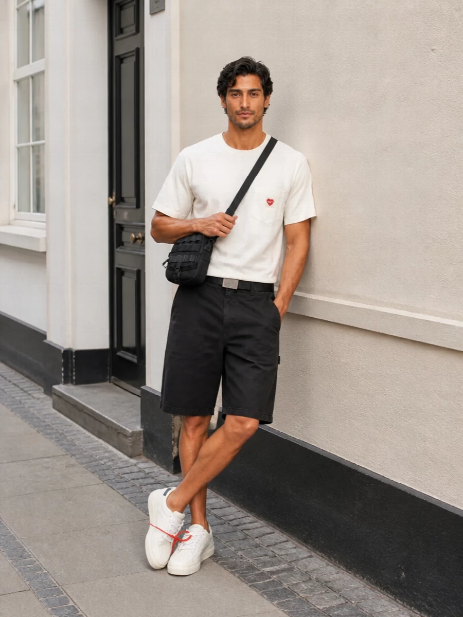A clean off-white tee with subtle red detailing sits against washed black cargo shorts for a simple, graphic balance. Off-white court sneakers echo the top while the sleek black belt and compact crossbody keep the workwear mood pared back and practical.
