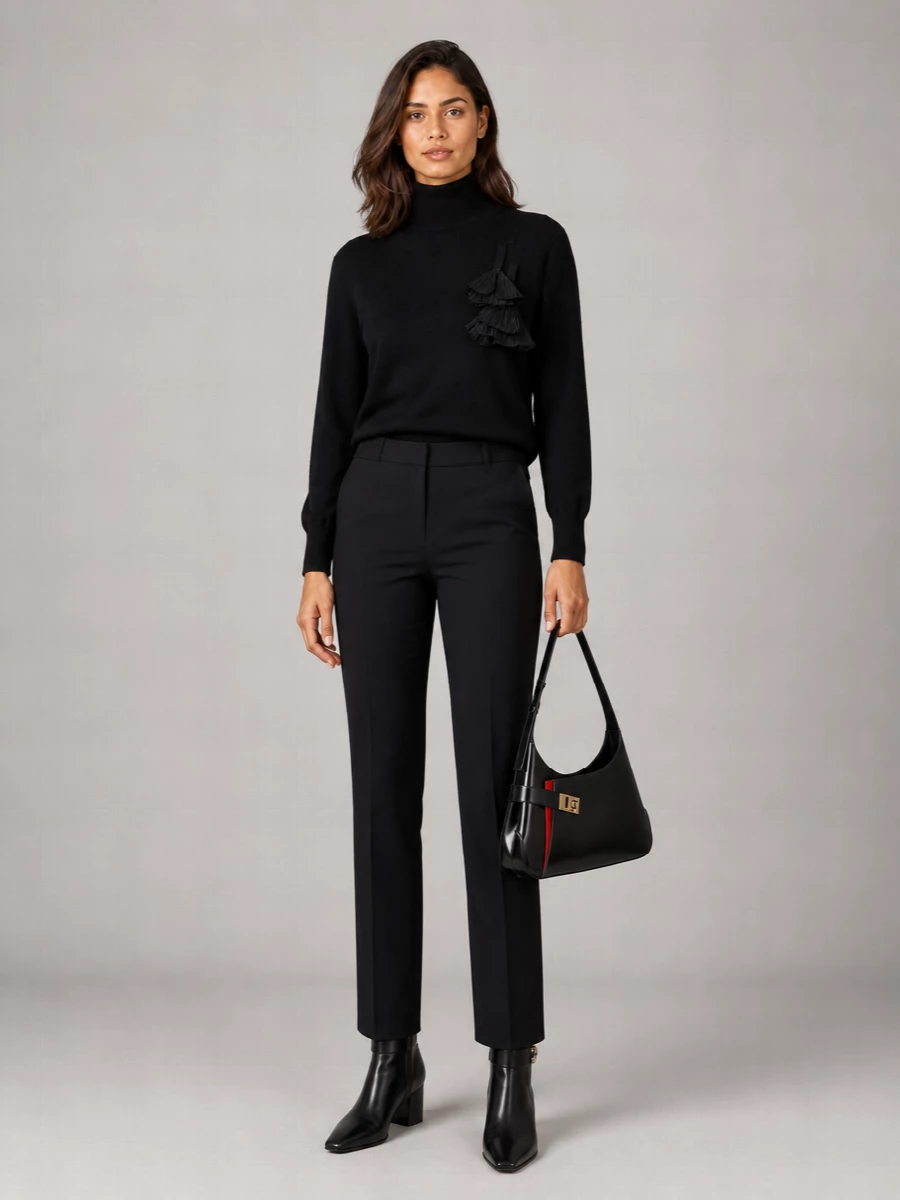 Ferragamo Cashmere Virgin Wool Floral Appliqué Mock Neck Jumper