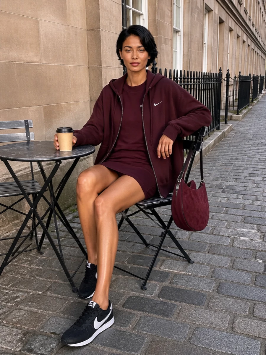 Going the dress route lets the Attico berry mini echo the Nike hoodie’s deep burgundy, reading like a considered tonal set rather than basic athleisure. Grounded black and grey sneakers keep it relaxed and wearable, while the suede hobo bag brings just enough polish for coffee runs, low-key dinners or travel days without breaking the sport-street mood.