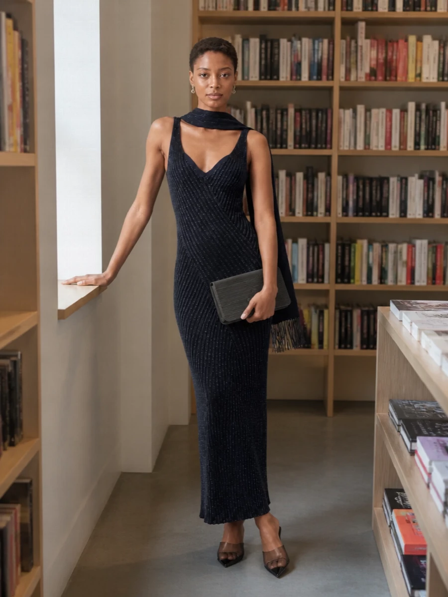 Missoni navy knit maxi dress black heels