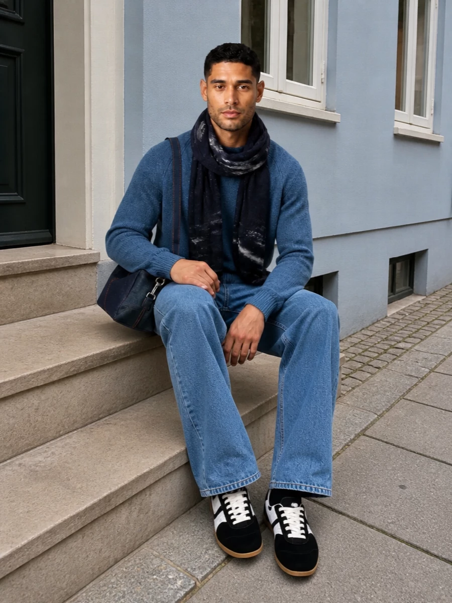 Soft blues and charcoals keep this Dries Van Noten denim and knit pairing calm while the wide leg and raglan shoulders give it a relaxed, architectural line. Low‑profile retro sneakers and a structured denim crossbody finish it with a quiet city energy that still feels easy for everyday. The charcoal scarf adds depth and a vertical accent that sharpens the proportions without breaking the mood.