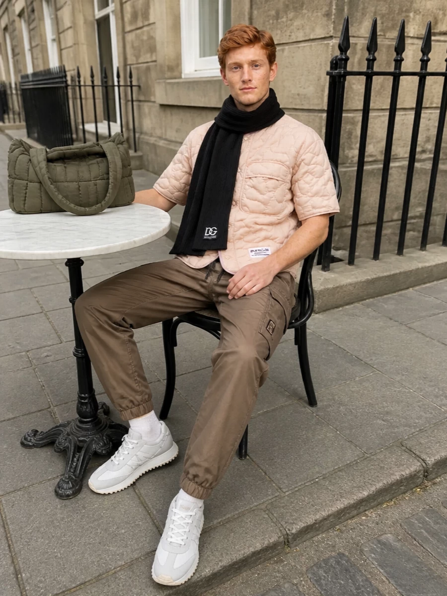 This look leans into padded, technical textures with a soft, urban palette: the blush quilted Moncler tee sits over taupe cargo joggers for a sport-utility take on neutrals. Tonal white-grey runners keep the footing light and engineered, while the deep-olive padded Bottega bag and a sharp black scarf add structured volume and quiet luxury without disturbing the relaxed streetwear attitude.
