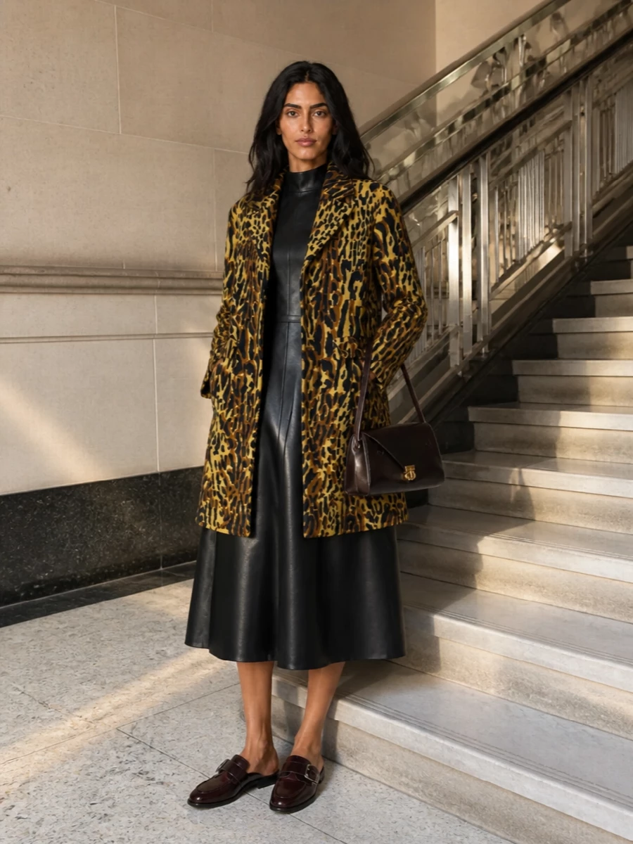 Marni leopard coat black midi dress outfit