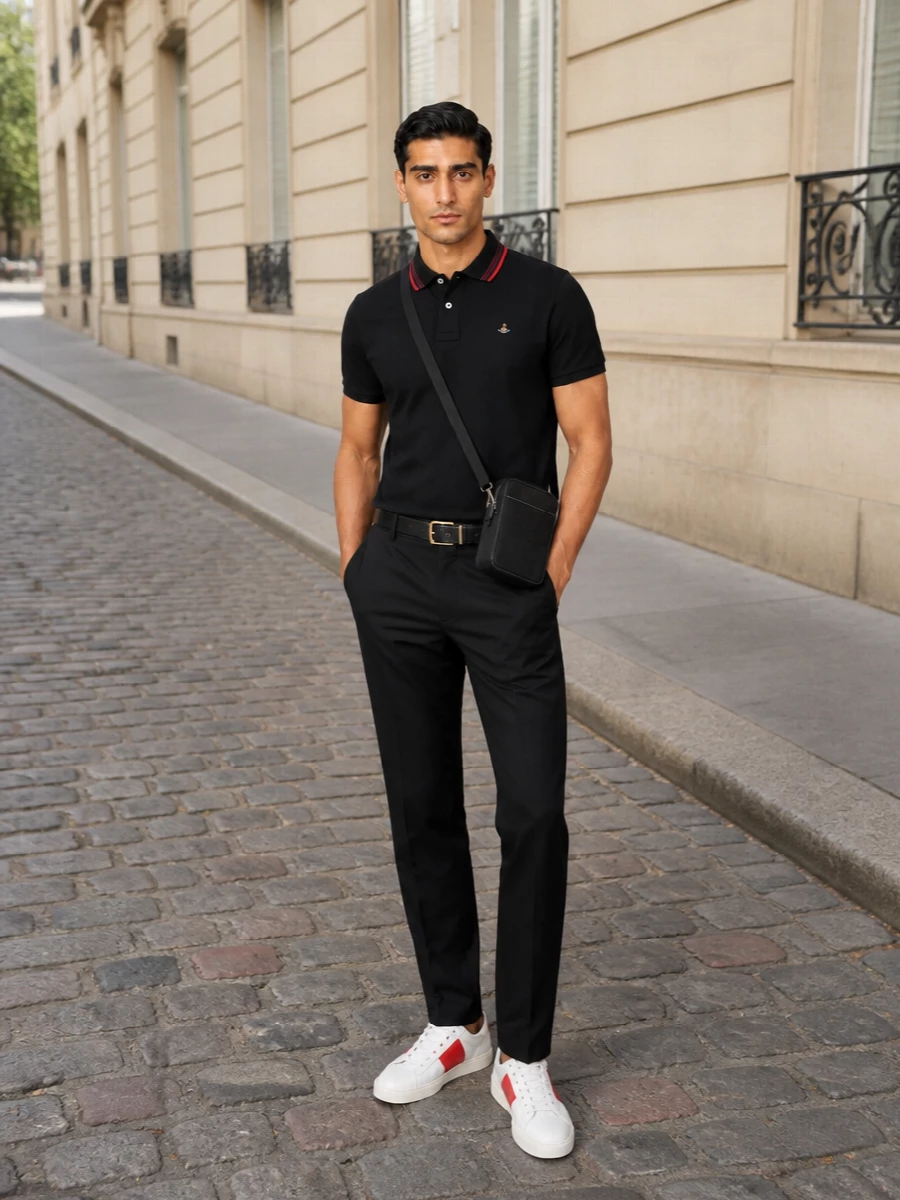 A black twin-stripe polo meets sharp straight-leg trousers for a British-leaning take on smart streetwear. The red hits on collar and sneakers connect cleanly, while the compact crossbody and slim belt keep the mood precise and quietly polished. It is an easy city uniform that moves from daytime plans to low-key evening without needing a change.