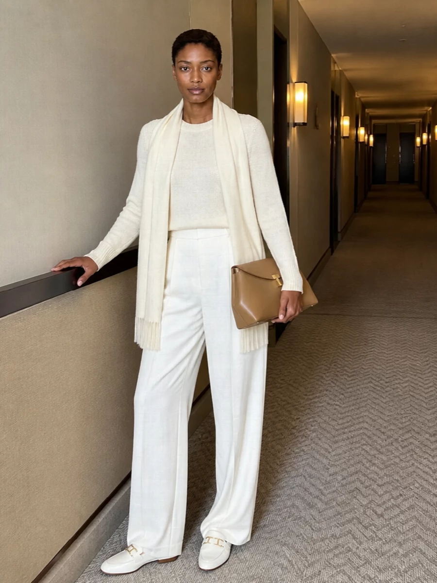Toteme ivory sweater wide leg trousers loafers