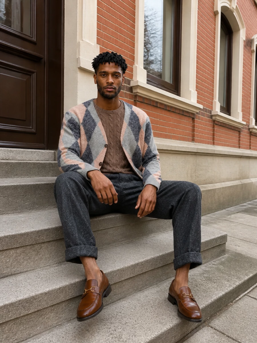 Valentino mens cardigan wide leg trousers outfit