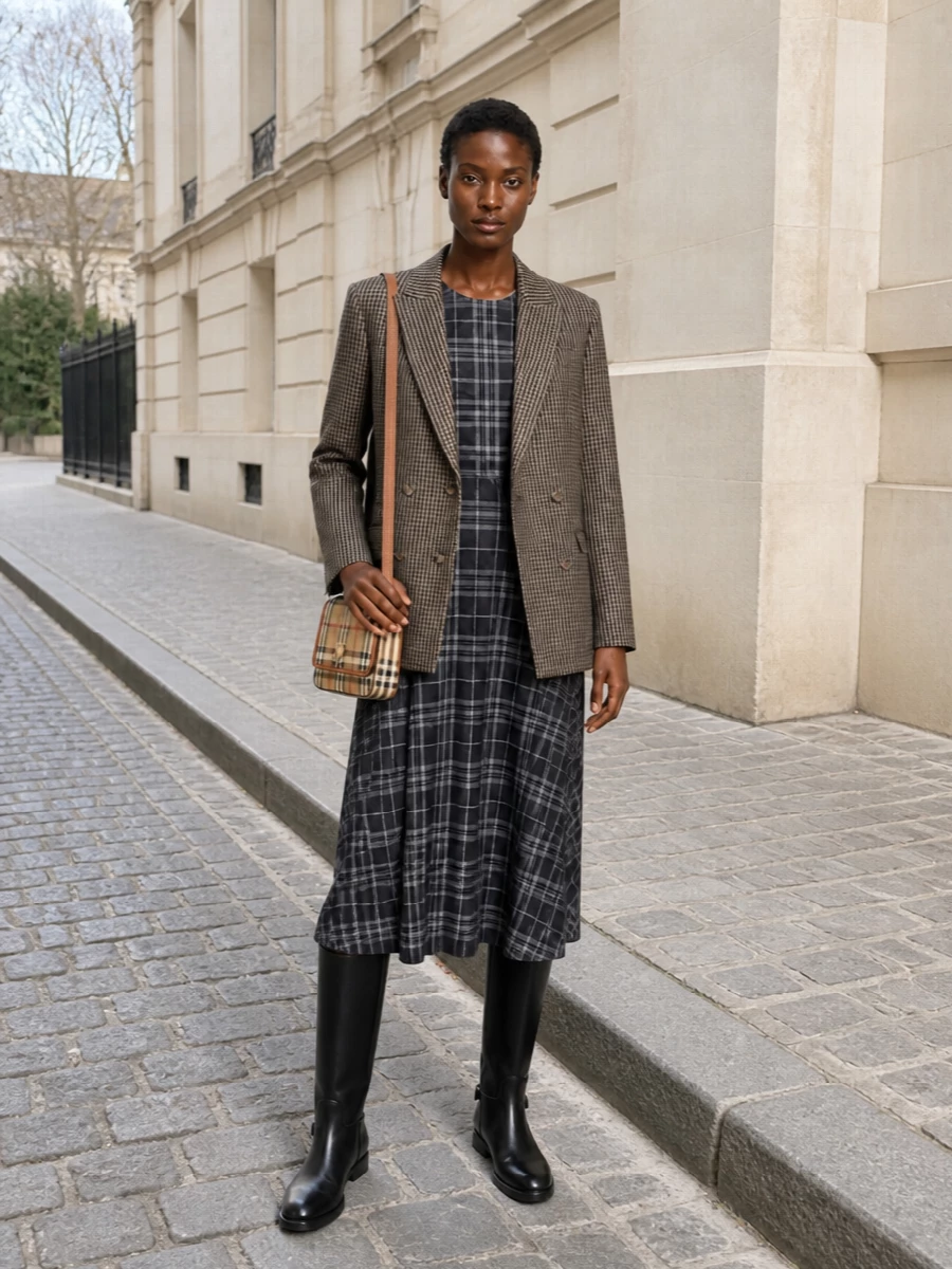 Here the A.P.C. houndstooth blazer is treated as an outer layer over a single, considered anchor: the charcoal Burberry plaid midi dress, which shares the same British-tailoring language and autumnal restraint. Knee-high black riding boots and a compact Burberry check crossbody complete a quietly polished city ensemble that feels equally right for client meetings and dinner reservations. I chose the dress route rather than top and trouser to avoid piling multiple blazers together and to keep the checks intentional, not chaotic.