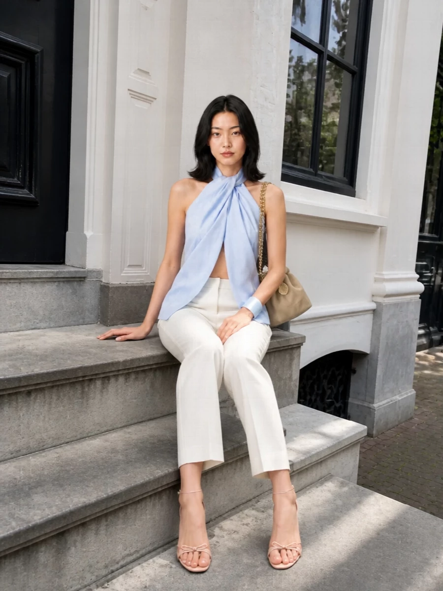 A powder blue halter meets fluid ivory tailoring for an evening that reads sensual yet composed. Blush-toned heels and a sand-beige pouch keep everything light and elongated, letting the open back stay the quiet focal point. A slim satin ribbon in the same blue adds a final, whisper-soft note of polish without disturbing the clean lines.