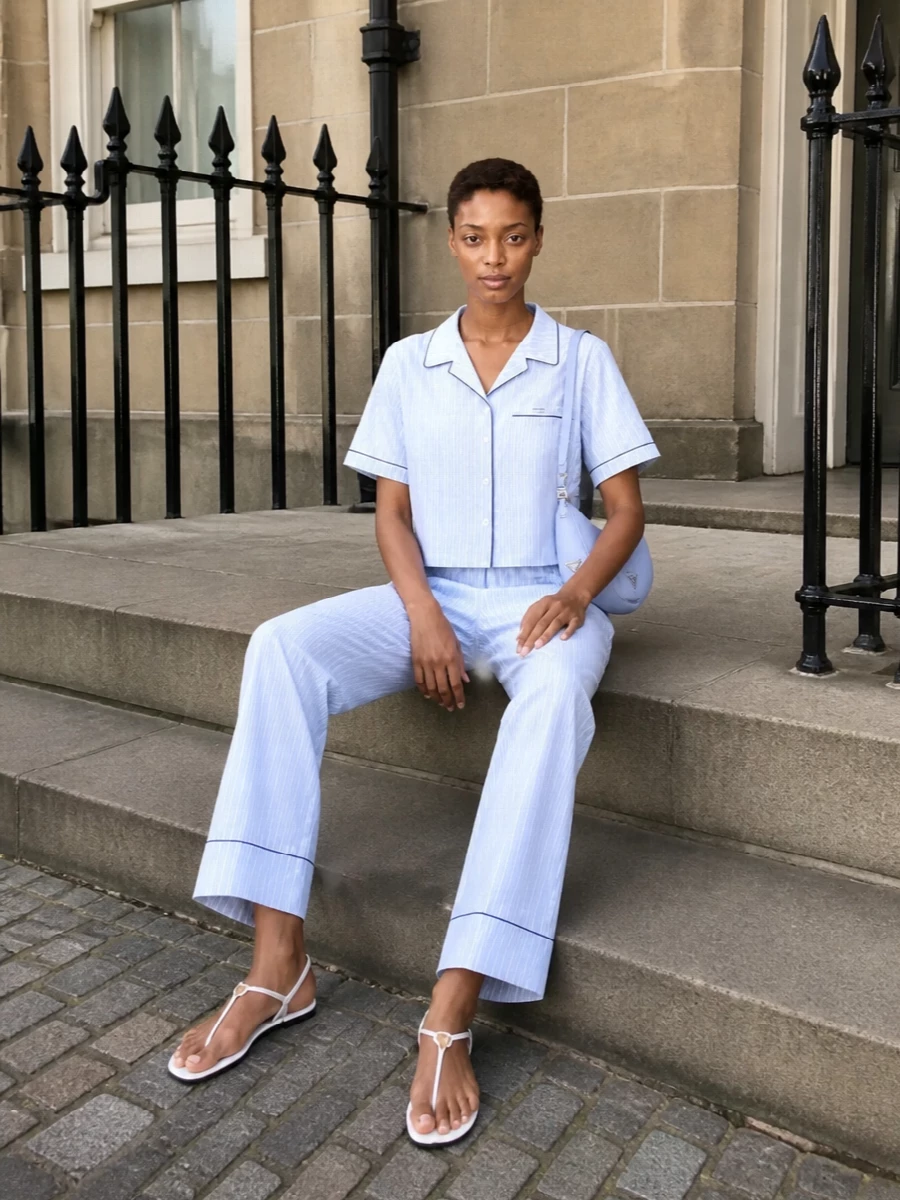A crisp Prada striped pajama set is taken just off the sofa with barely there white sandals and a slim periwinkle shoulder bag. The result feels considered yet relaxed, perfect for slow city mornings or an easy coffee run. Clean lines, a soft blue story and minimal hardware keep it polished without trying too hard.