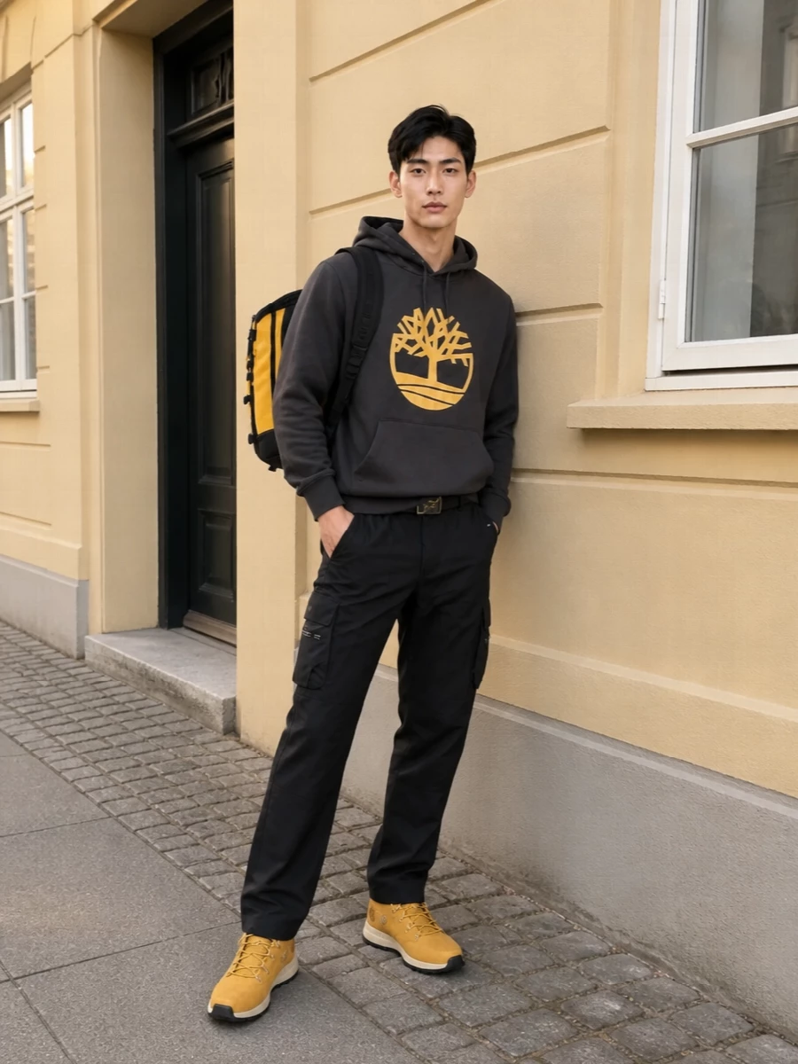 Charcoal and black keep the base clean while the bold yellow chest hit and wheat sneakers carry that unmistakable Timberland attitude. Straight utility cargos and a technical-inspired backpack lean into a city-to-trail mood that still feels pulled together. It is an off-duty uniform built for movement, from weekend errands to low-key outdoor plans.