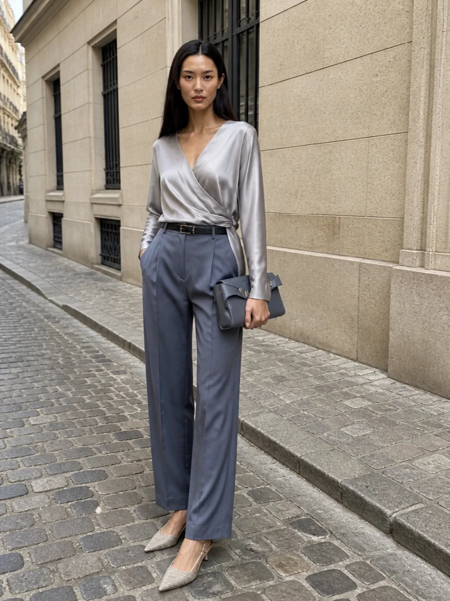 Cool greys and slate blues create a long, fluid line that feels quietly authoritative yet relaxed, ideal for warm-city days that slide into dinner. The satin wrap top echoes the softness of the tailored trouser, while the tonal belt, nude slingbacks and structured shoulder bag refine the silhouette without shouting. It is polished, modern and unmistakably luxurious, with every element working in a restrained, monochrome harmony.