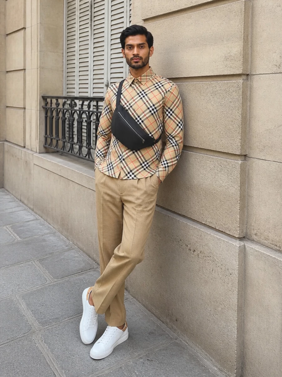 Burberry check shirt straight leg trousers outfit