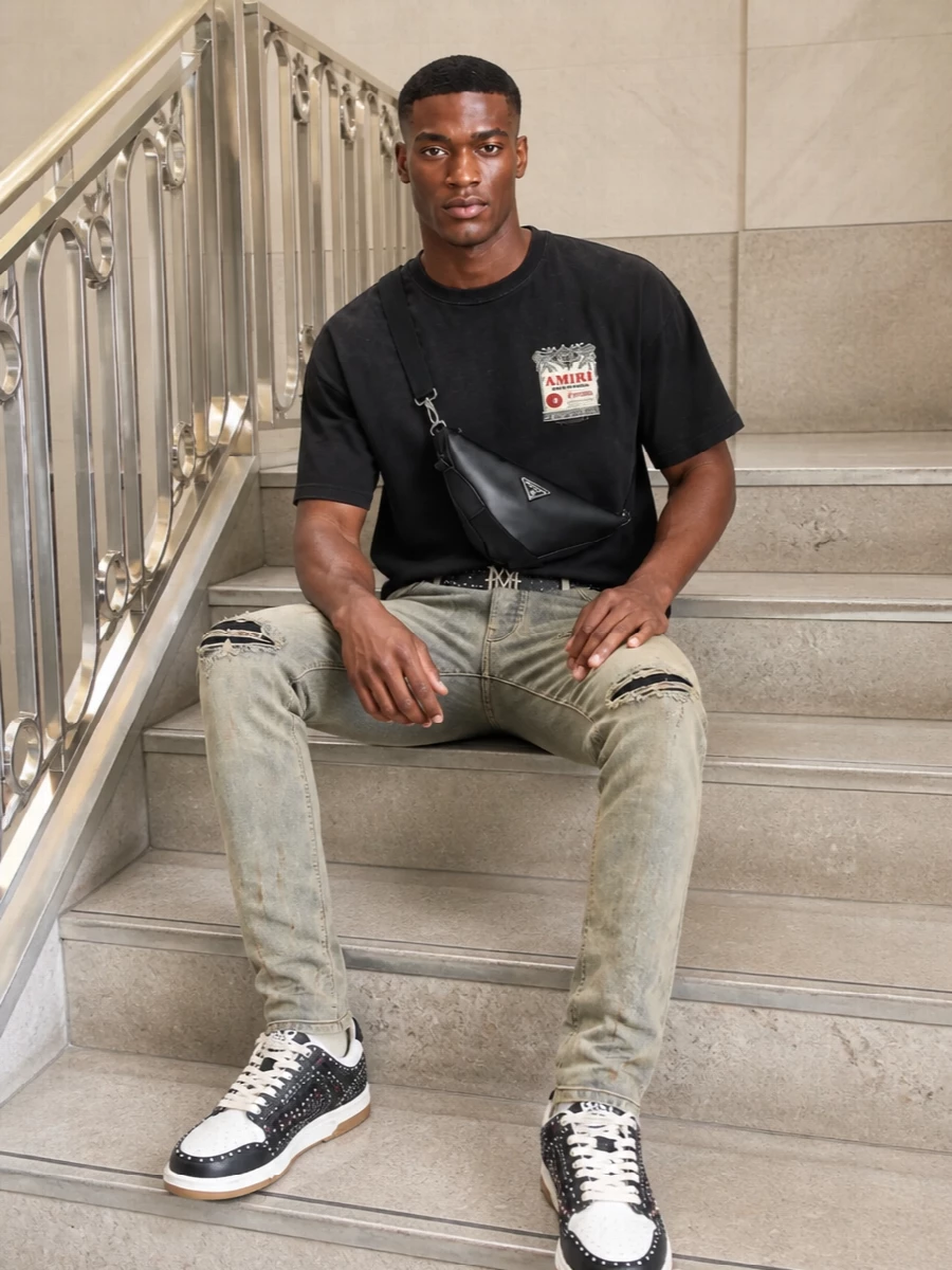 Amiri skinny jeans outfit studded sneakers