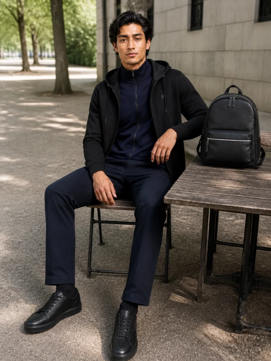 Boss mens navy zip sweatshirt dark trouser outfit