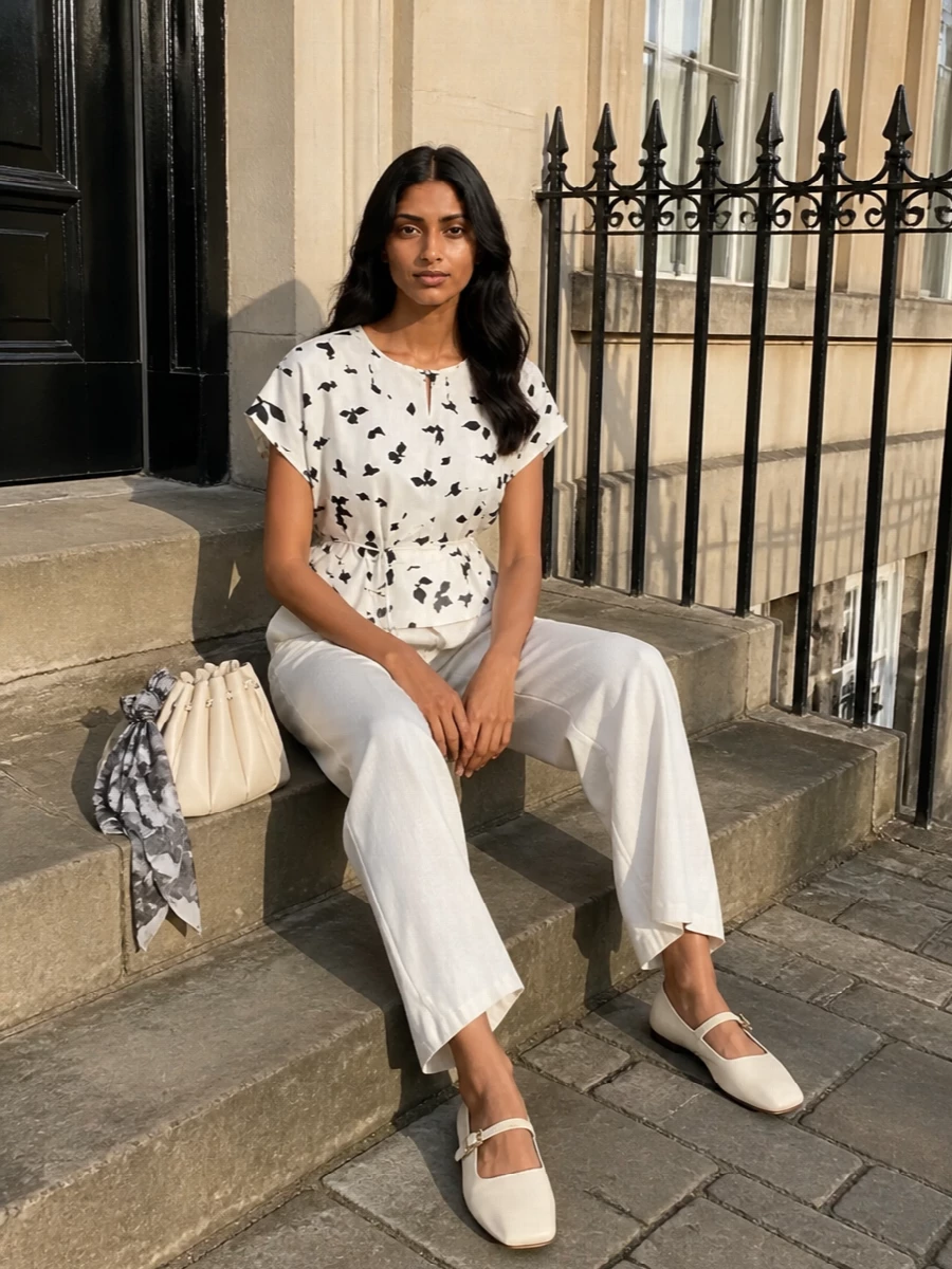 Alysi floral blouse ivory tapered trousers outfit
