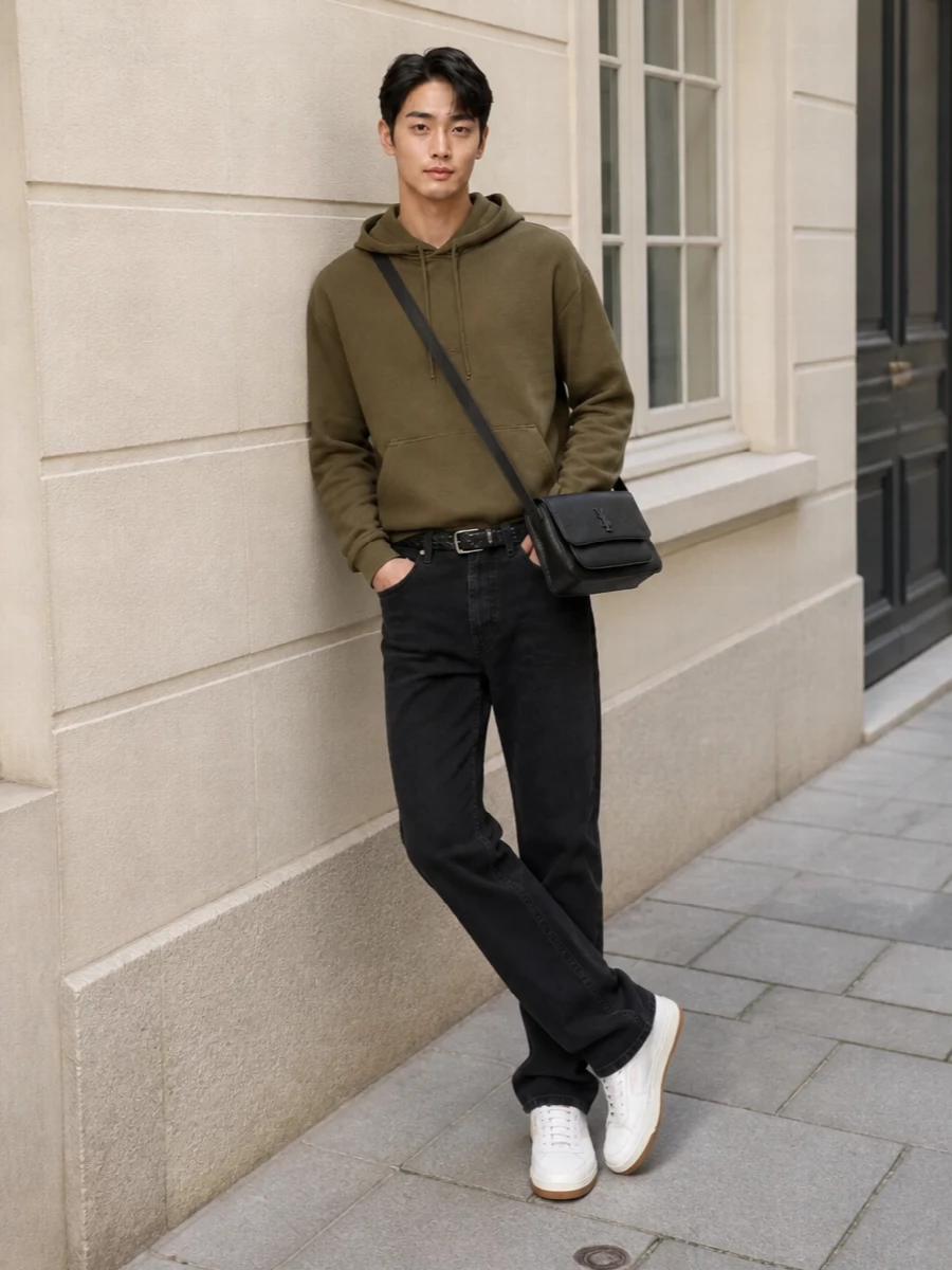 An olive Saint Laurent hoodie sits over straight faded‑black jeans for a grounded, monochrome take on Parisian off-duty style, with the relaxed top balanced by a clean regular leg. Off‑white court sneakers with a gum sole keep the look light and modern, while a structured black crossbody and braided belt sharpen the finish just enough to feel intentionally put together rather than loungewear-led.