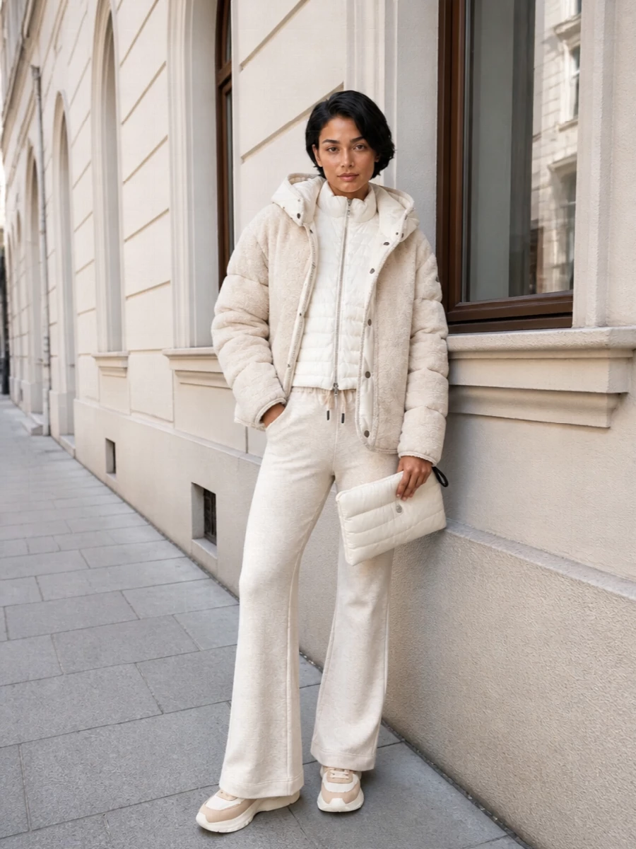 I am building around the outerwear with a top and bottom route, not a dress, so the layered knit and flared pant can echo its padded texture and relaxed refinement. The hybrid zip cardigan and Grenoble flares create a monochrome column in warm ivory and beige under the coat, which keeps the silhouette elongated instead of bulky. Cream runners and a padded cream clutch finish it in the same tonal family, giving a city-ready, quietly athletic outfit that feels cocooning but still sharply considered for cold days.