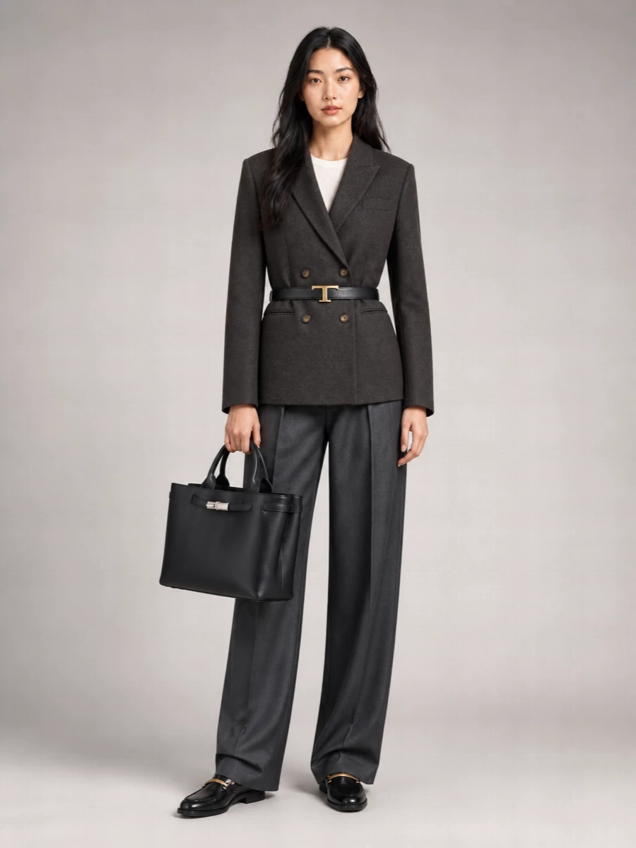 Charcoal tailoring on charcoal builds a calm, quietly powerful uniform, with the double-breasted blazer and wide-leg trouser creating one continuous, elongated line. Black leather accessories with subtle gold hardware sharpen the finish, keeping the palette dark and cohesive while adding just enough detail to feel considered rather than stark.
