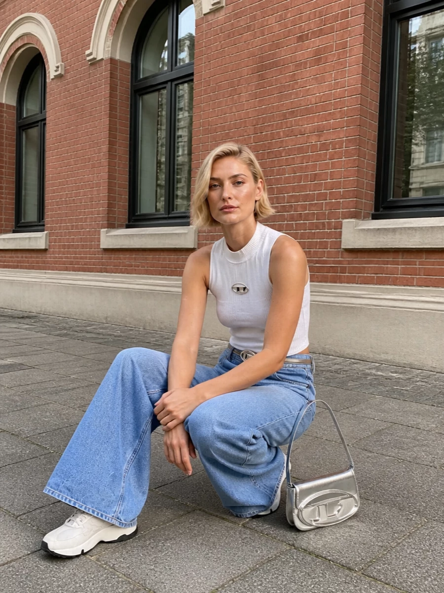 Diesel wide leg jeans white crop top outfit