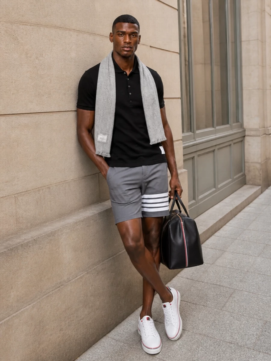 Thom browne black polo grey shorts outfit
