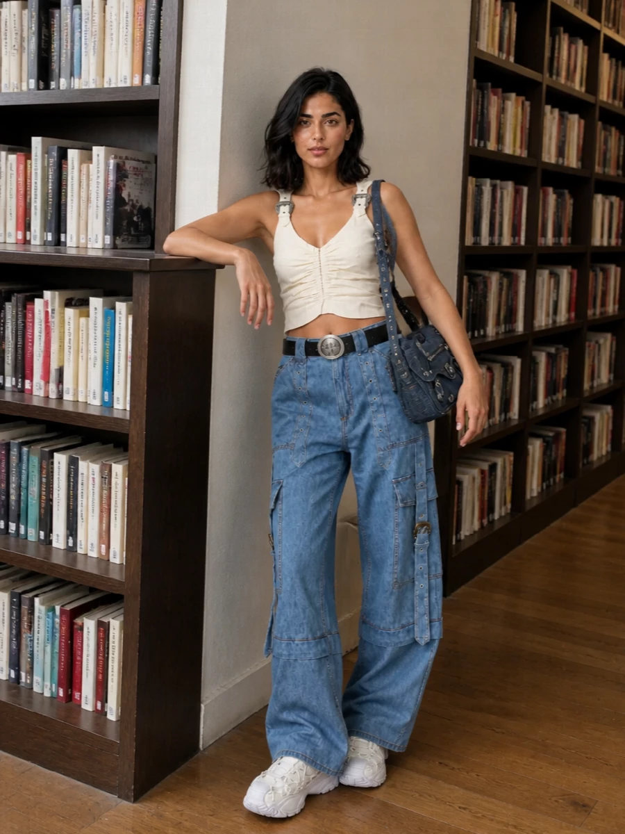 High waist, wide-leg cargos meet a sculpting ivory tank for a clean, hardware-driven take on Y2K streetwear. Chunky crystal-laced sneakers keep the attitude athletic, while a slung-on denim shoulder bag and Medusa belt pull the metal details into one tight, city-ready story. The result feels directional but easy, with the waist and shoulders defined so the volume through the leg reads intentional rather than oversized.