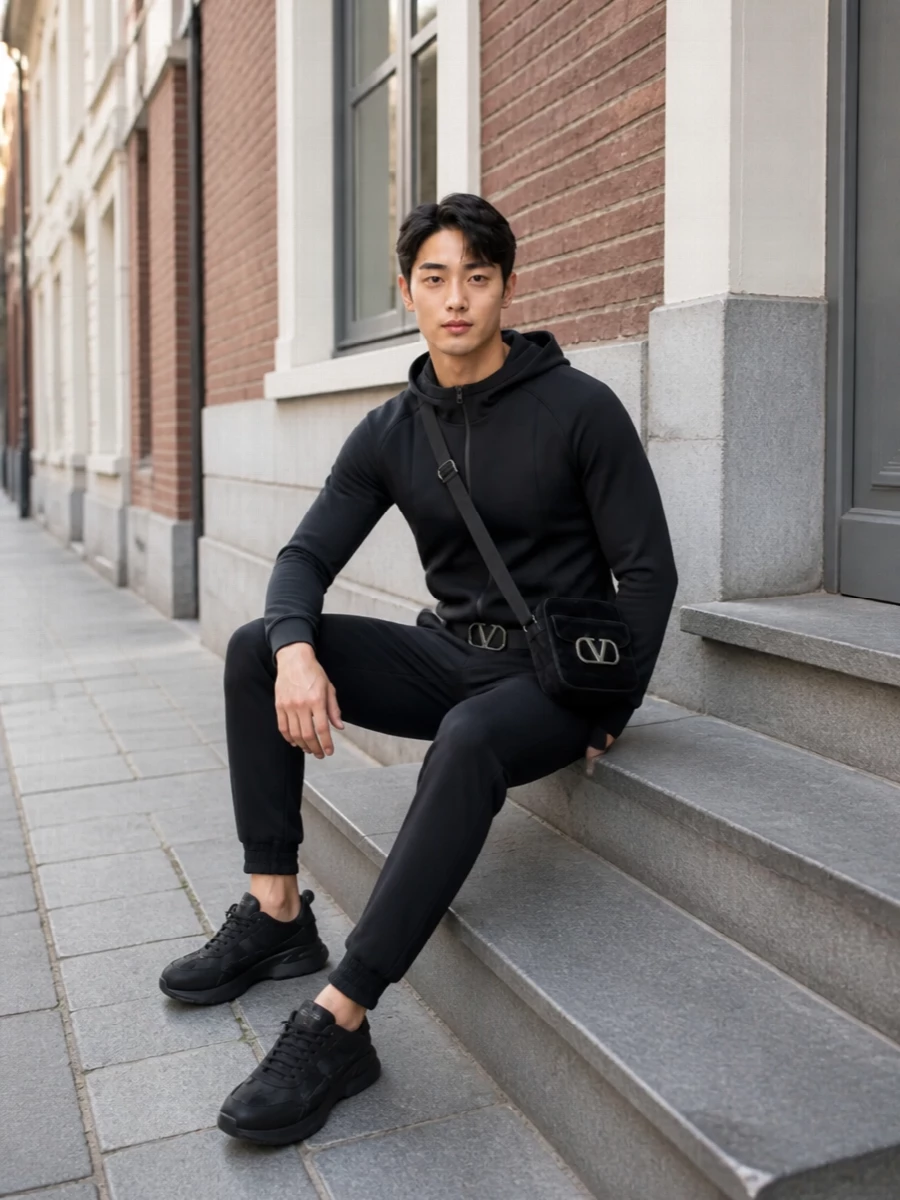 Valentino black joggers hoodie sneakers outfit