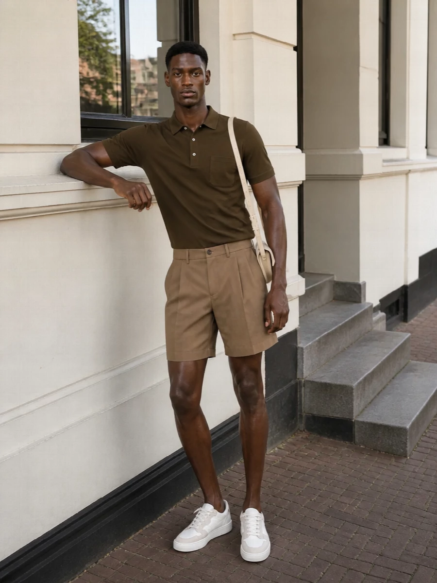 Camel pleated shorts meet a deep olive polo for a warm, grounded palette that feels polished without slipping into formality. Off-white and sand sneakers keep the line relaxed but considered. A slim buttercream shoulder bag adds a modern, minimal note that ties the neutrals together with quiet confidence.