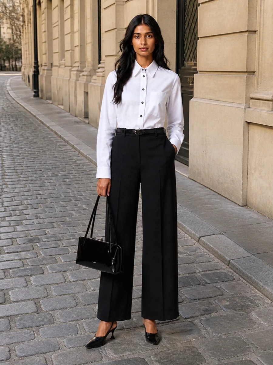 Jil sander white shirt black wide leg trouser outfit