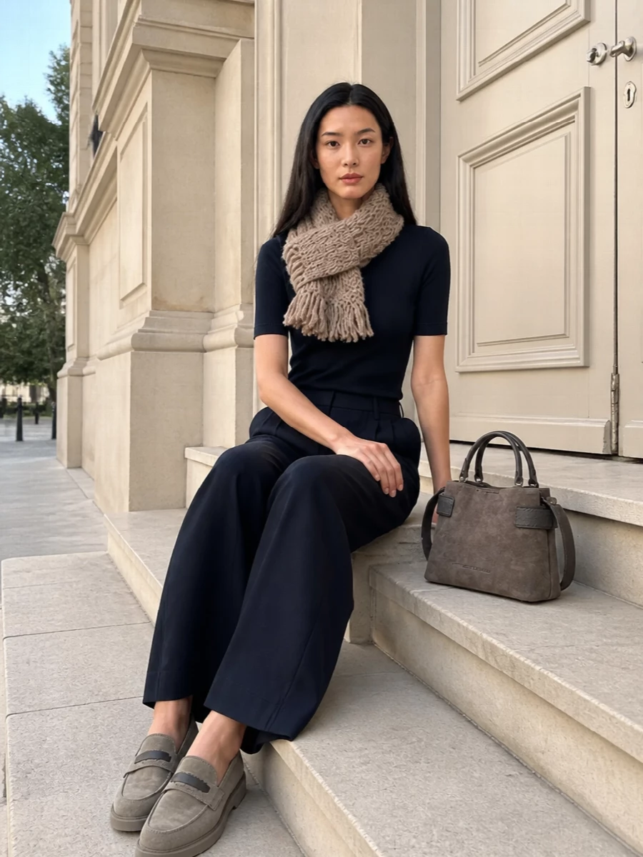 Brunello cucinelli navy wide leg trousers outfit