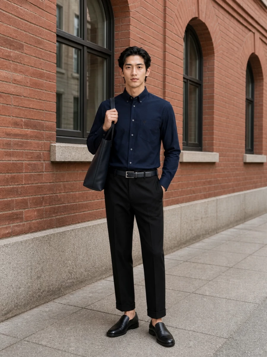 Ami paris navy shirt black cropped trousers outfit