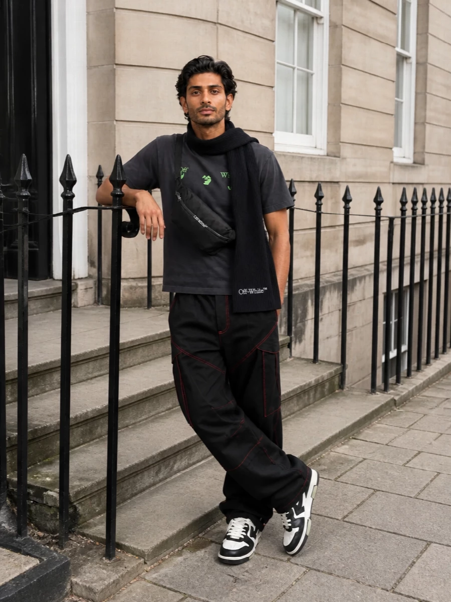Off white graphic tee black cargo pants hi tops