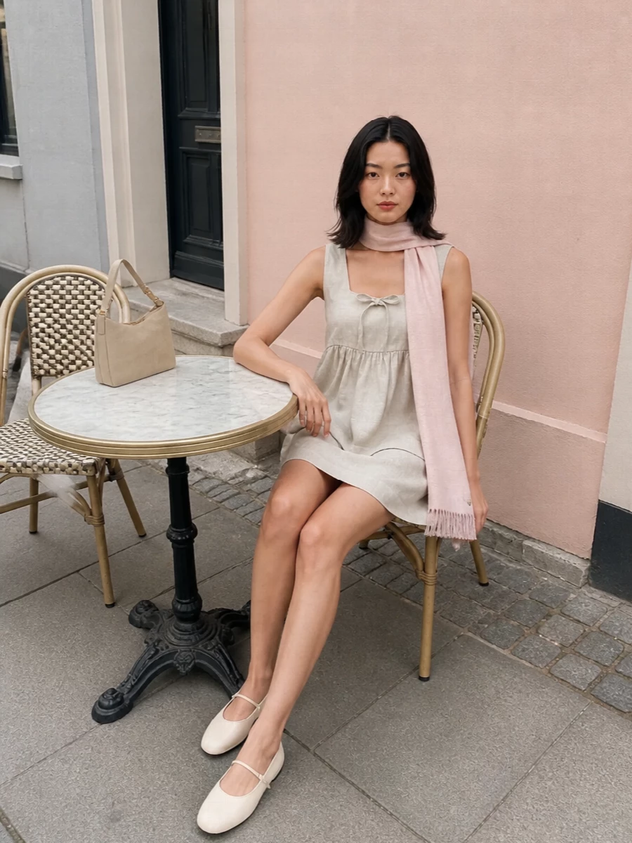 A softly tonal play of light beige and stone keeps the mood gentle and precise, with the A-line mini echoing the dress’s easy volume. Ivory Mary Jane flats and a sand suede baguette keep everything close to the body, so the silhouette feels light, romantic and quietly composed. A blush scarf adds just enough warmth and color to keep the neutrals from feeling flat.