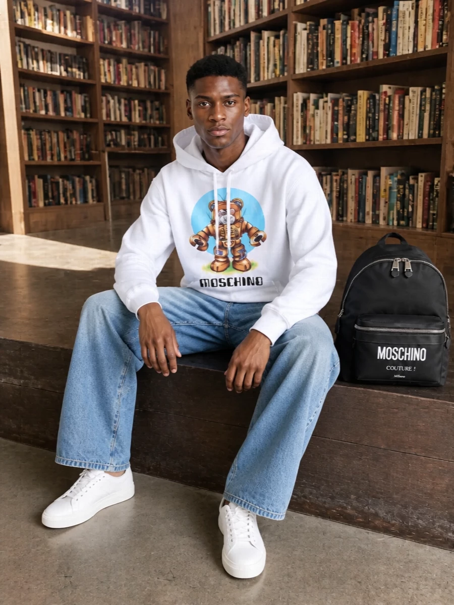 Moschino hoodie wide leg jeans white sneakers