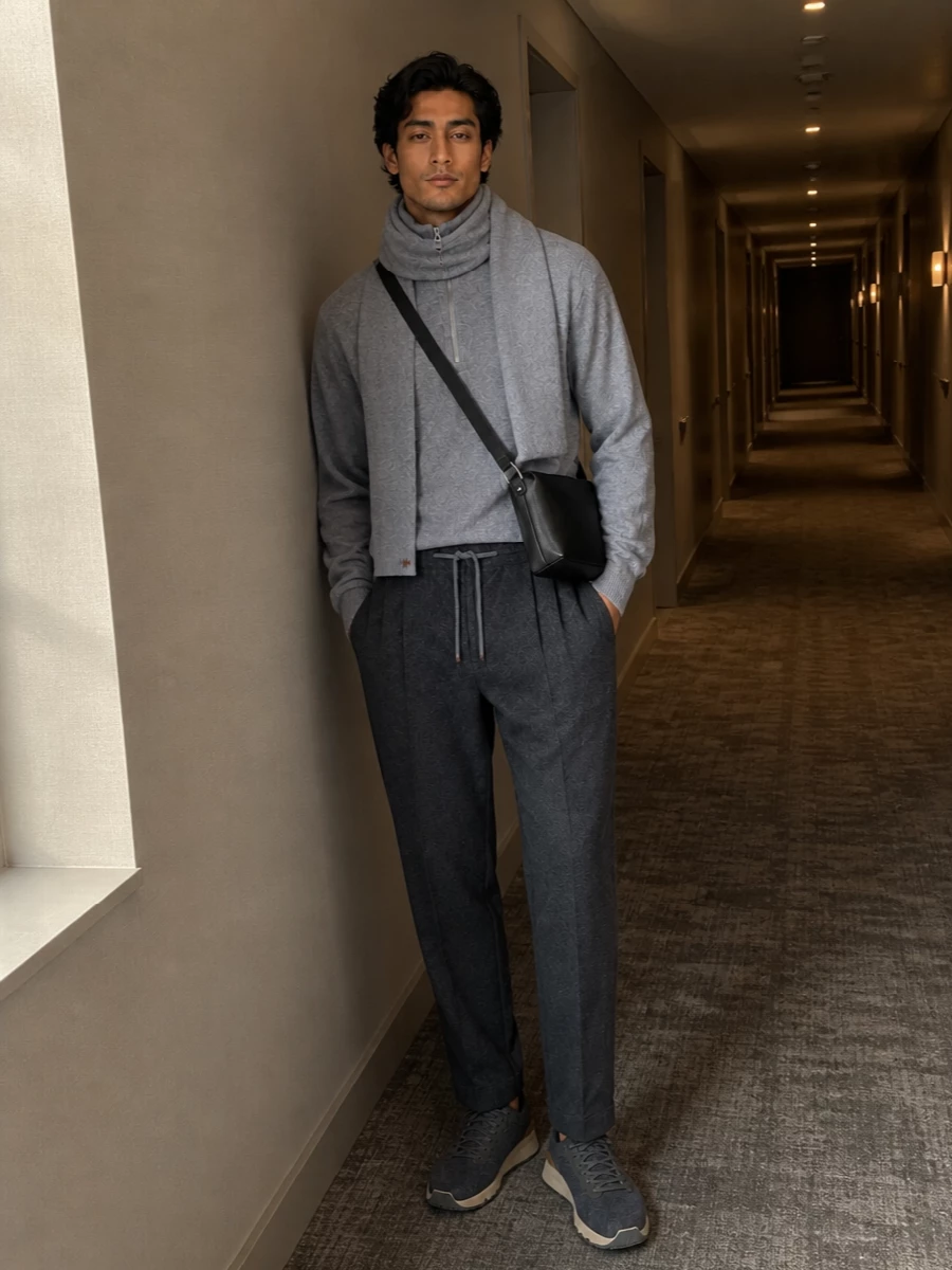 Light grey cashmere on top with soft charcoal drawstring tailoring through the leg creates a relaxed, quietly precise winter uniform. Technical-leaning runners and a compact black crossbody keep it ready for long city days without tipping into athleisure. The tonal scarf simply reinforces the calm, monochrome palette and lets the textures do the work.