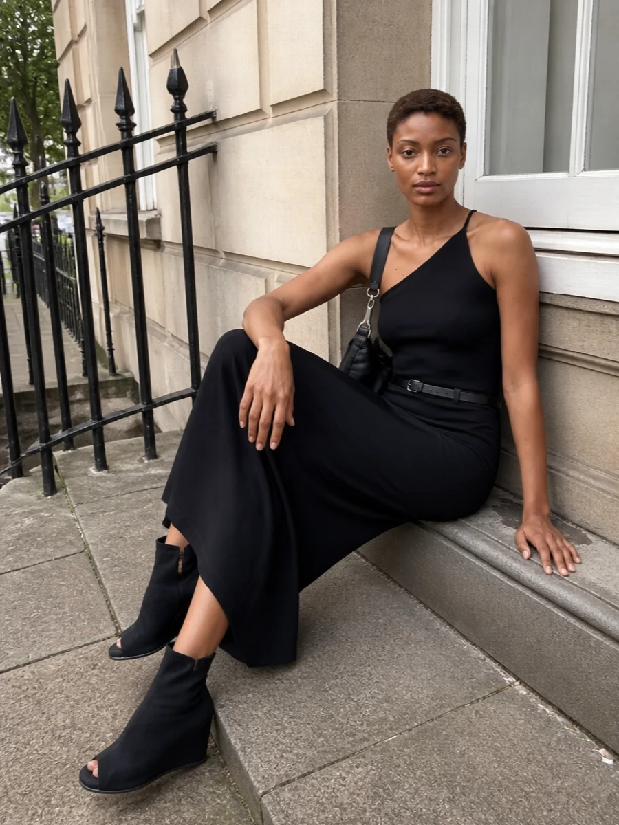 Rick owens black maxi skirt one shoulder outfit