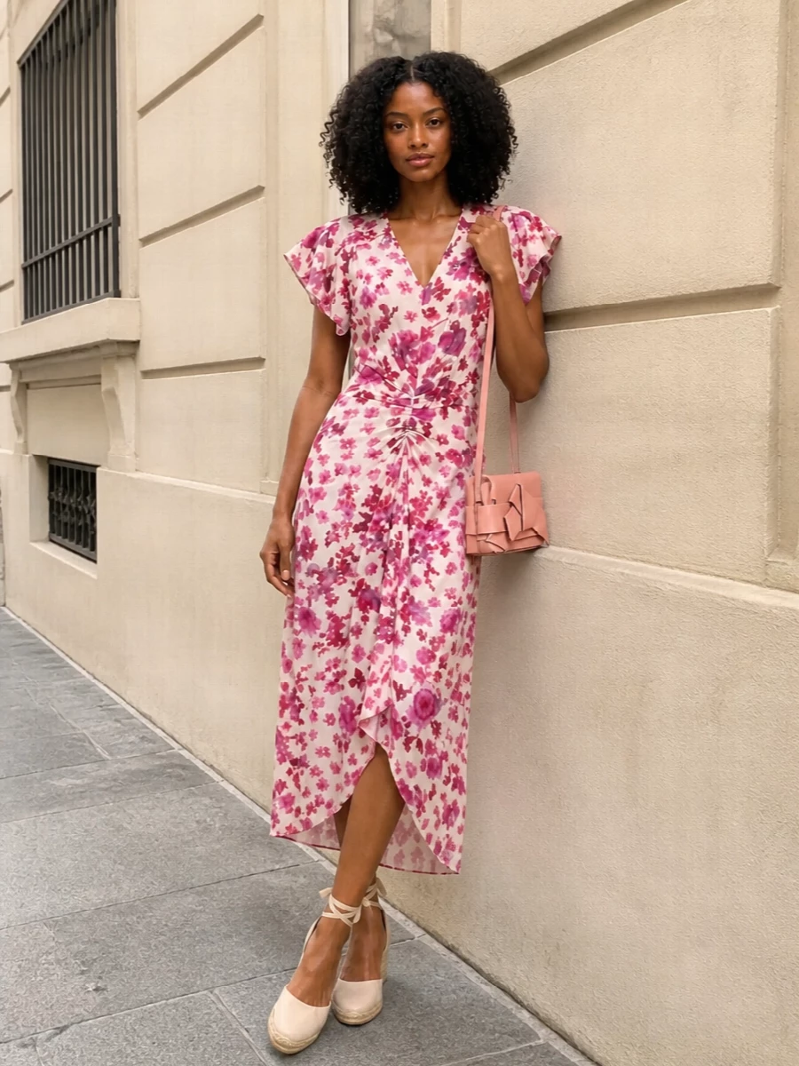 A softly romantic garden-party ensemble that leans into Isabel Marant’s floral wrap dress with blush, jute and bow details rather than competing prints. The nude-blush espadrille wedges lengthen the leg and echo the dress’s easy movement, while the sculptural bow bag picks up the rosy tones for a quietly feminine finish. Perfect for summer weddings, terrace dinners or any occasion that calls for romance with a relaxed, bohemian edge.