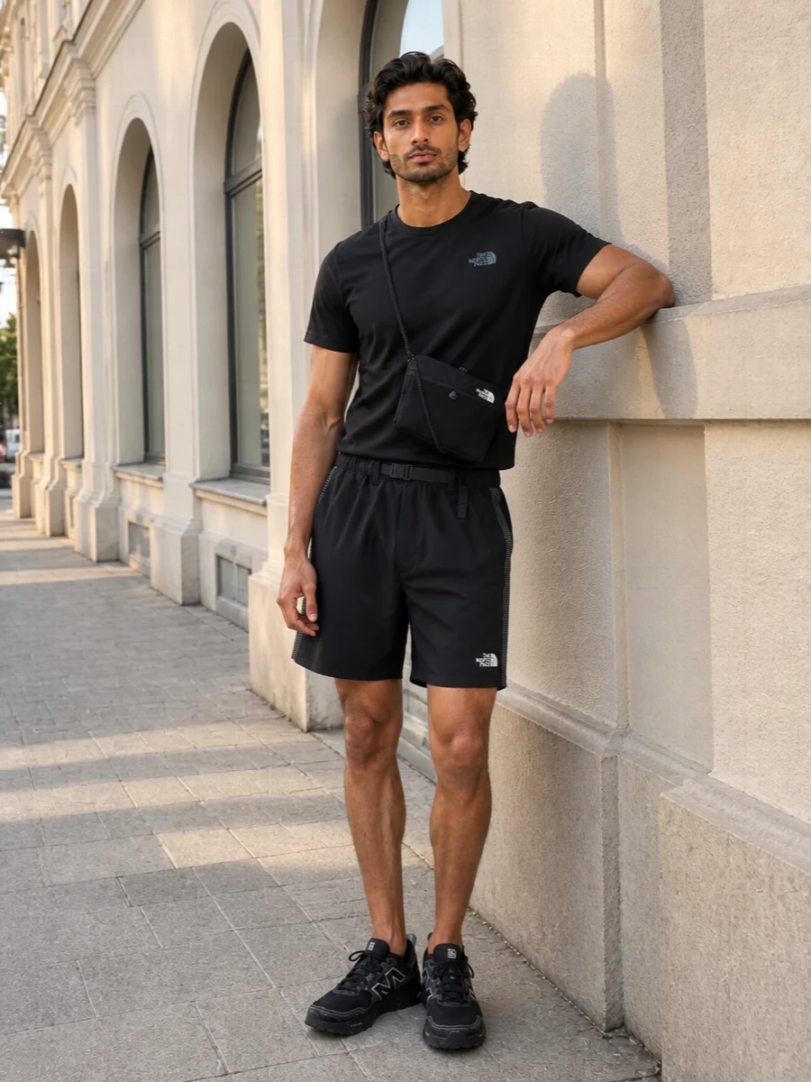 A matte black North Face tee meets technical belted shorts for a clean, sport-driven base that works from pavement to park. New Balance trail runners keep the silhouette agile while a compact crossbody brings just enough utility detail without breaking the stripped-back palette.