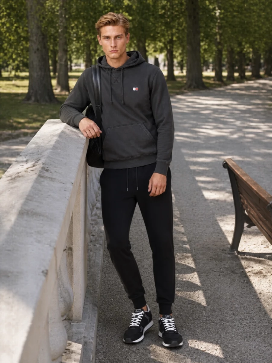 Tommy hilfiger charcoal hoodie black joggers outfit