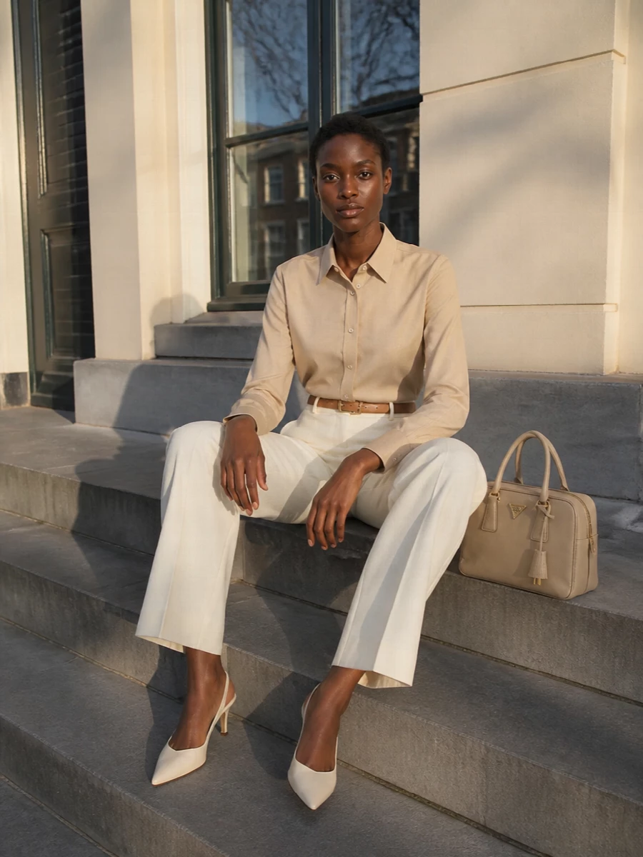 Brioni camel shirt ivory wide leg trousers