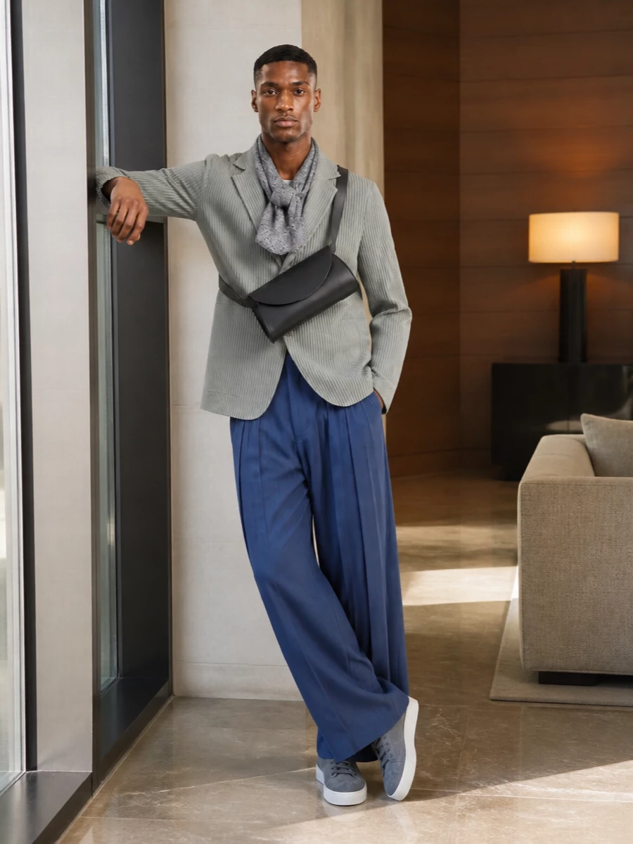 Homme plisse blue pleated trousers tods sneakers