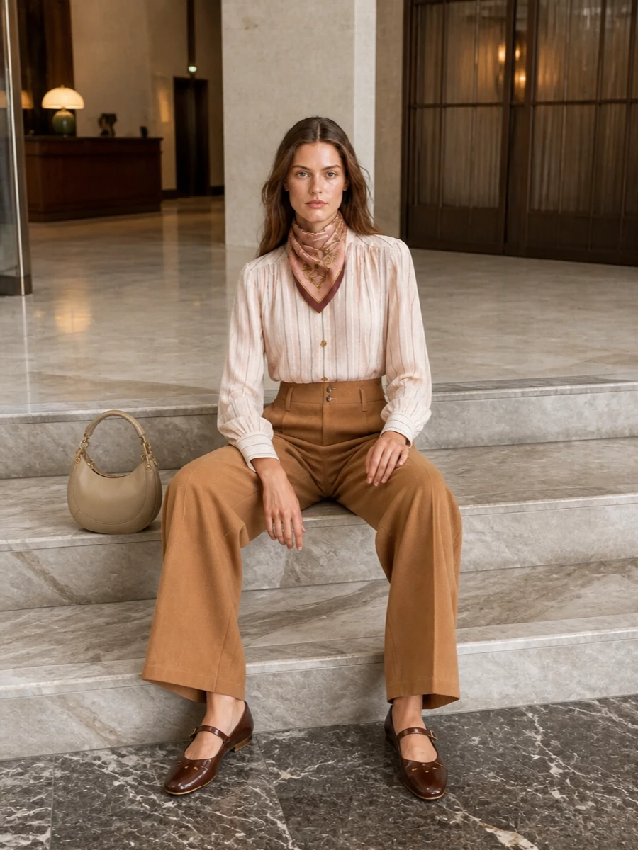 Chloe striped blouse camel wide leg trousers