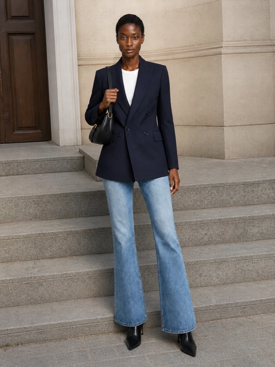 Balmain’s washed flares are sharpened with a longline navy blazer, creating a lean, tailored upper half over the softer, Y2K-inflected leg. Black pointed ankle boots slip under the hem to streamline the line and add city polish. A deep navy saddle bag finishes the palette with rich contrast while keeping the mood quietly luxurious and grown up.